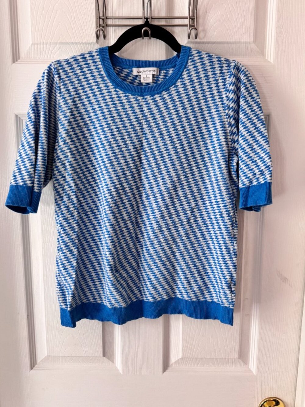 Vintage Liz Claiborne Blue White Knit Sweater Top Short Sleeve Large Retro Prepp